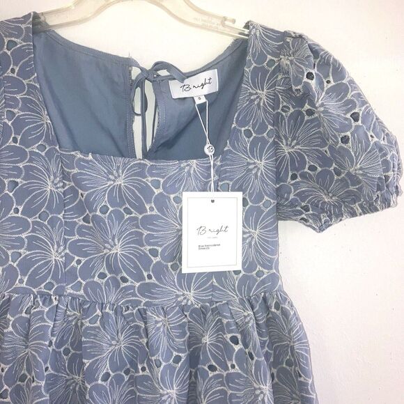 BRIGHT THE LABEL S 100% Cotton Embroidered Eyelet Blue Fit & Flare Dress Lace - Picture 2 of 6